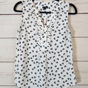 Talbots White & Black Print Sleeveless Ruffle V-Neck Blouse